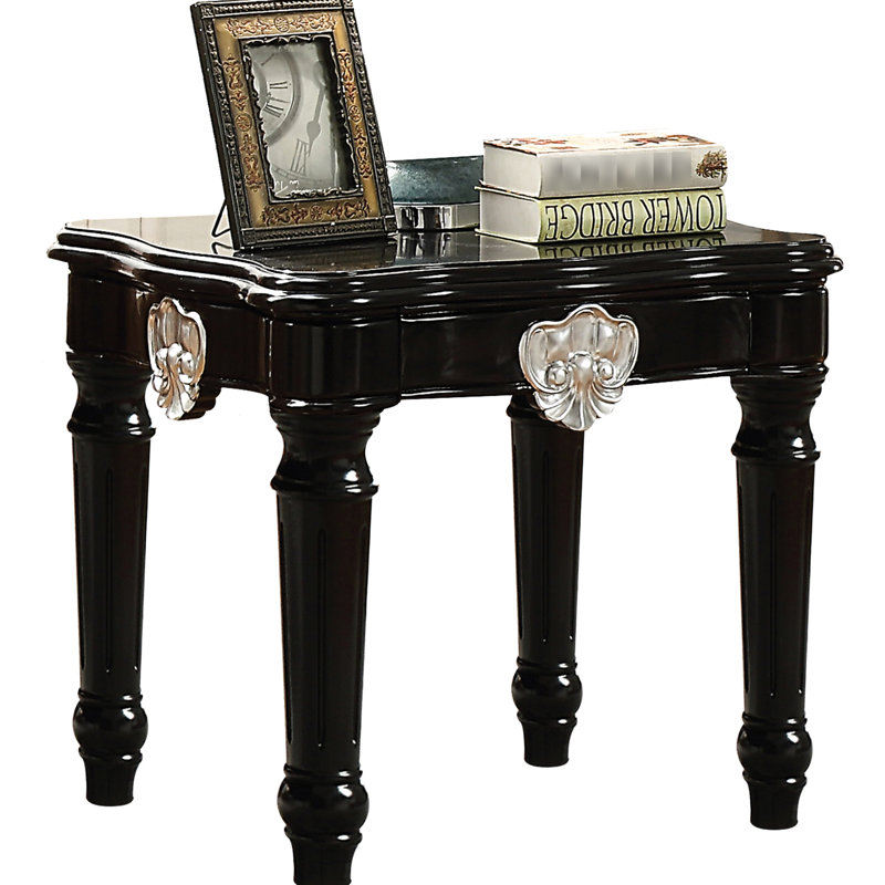 Table de bout noire avec plateau - Sculpture sur bois de peuplier et base rectangulaire