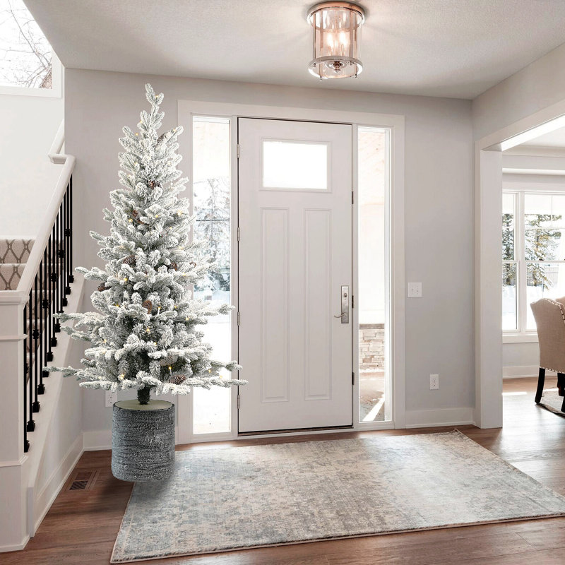 Arbre de Noël 3 pi avec base en pot, 70 lumières DEL blanc chaud, 365 pointes, branches en PE + PVC avec 7 pommes de pin