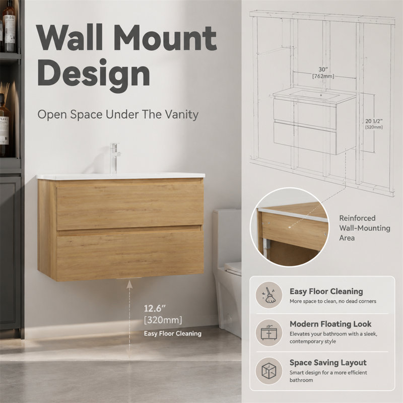 Meuble-lavabo mural suspendu de 30 pouces, Chêne