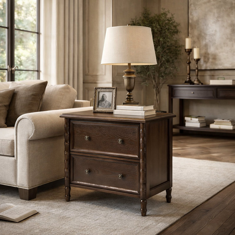 Lucious Transitional 26''W 2-Drawer Spindle End Table with Charging Station and Simple Assembly, Walnut