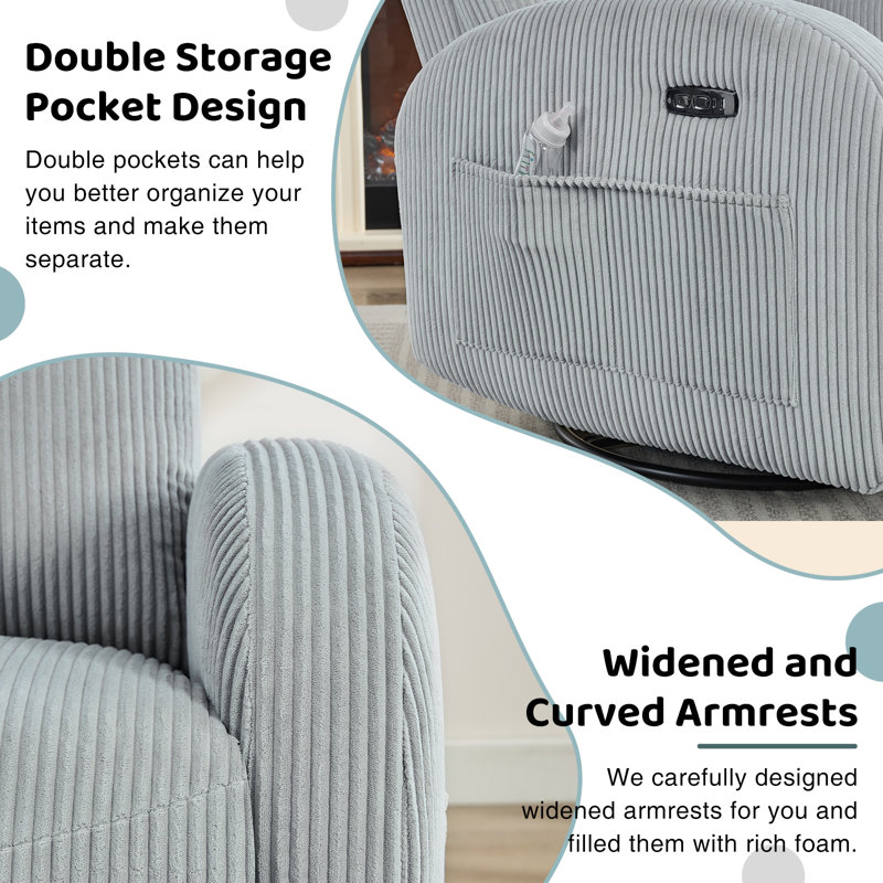 Delba 37"W Power Swivel Rocker Glider Nursery Recliner with USB & Type-C Port,Round Armrest and Double Pockets, Gray Corduroy