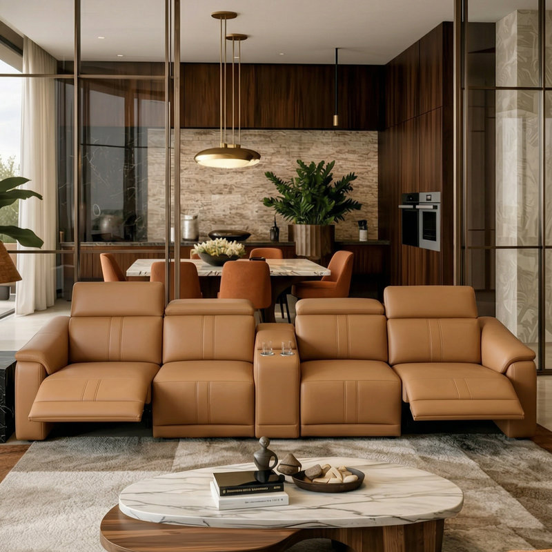 L Shaped Modular Reclining Sectional Sofa, 4 Seat Breathable Fabric Recliner Couch with Adjustable Backrest & Footrest, Built-in Storage Console & Cup Holders, Upholstered Living Room Furniture with Solid Wood Frame
