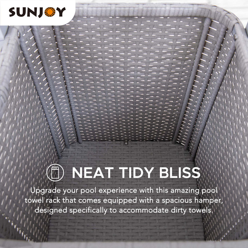 Gray Aluminum Pool Towel Valet Tower with Wicker Storage Basket