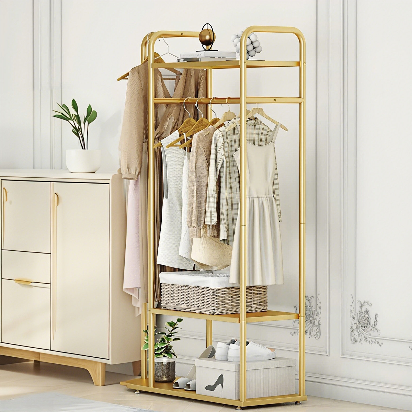 OMIONI Gold Modern Industrial Clothing Rack with Top Rod & 3 - Tier ...