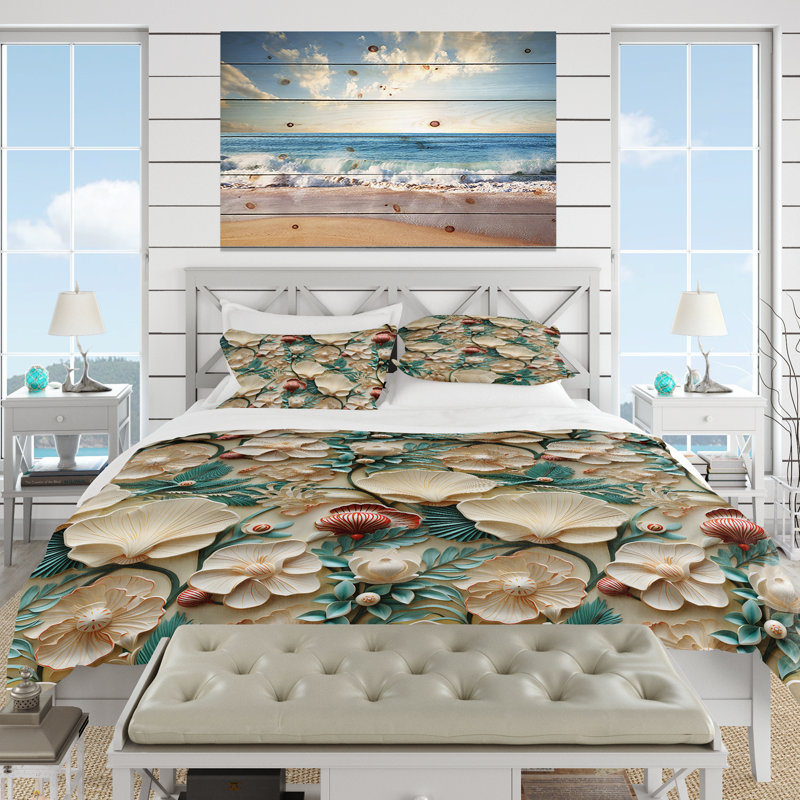 Ensemble de housse de couette blanc et vert Coastal Escape, Housse de couette pour très grand lit et 2 très