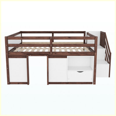 Base de lit double pleine grandeur en bois massif avec escalier intégré, tiroir de rangement et tablette pour chambre d'enfant, blanc et noyer