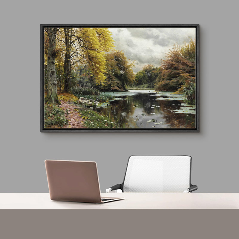 Campagne rustique «Pine Tree Forest River» sur, Cadre flottant noir, H 24 po x l 36 po