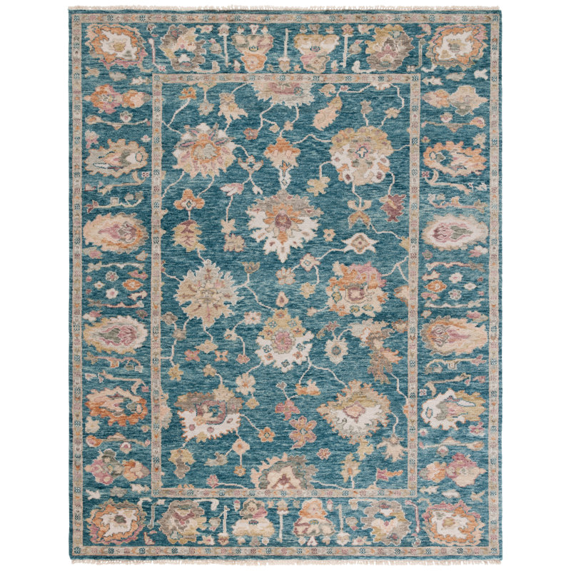 Samarkand 402 laine nouée à la main; Tapis oriental en coton bleu / ivoire, Rectangle 8 pi x 10 pi