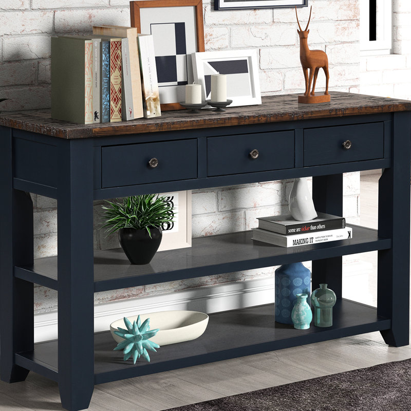 Table d'appoint en pin massif, 3 tiroirs de rangement, 2 étagères, style américain, montage facile, 122 cm (48 po), structure en bois avec tiroirs, grande capacité de charge