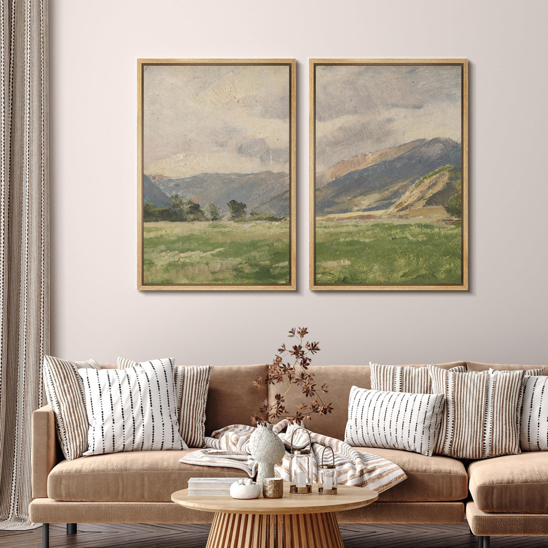 Rustic Countryside "Majestic Mountain Fields Nature Landscape Framed Canvas Print 2 Pieces Wall Art (Set of 2) IDEA4WALL Frame 
