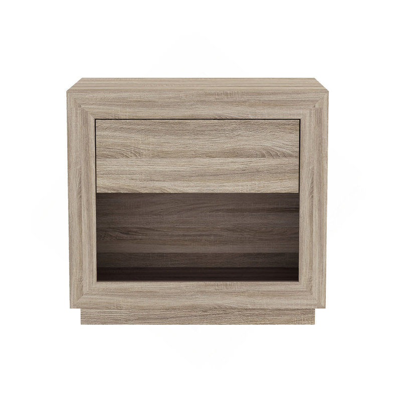 Table de chevet large à cadre encadré, tiroir simple avec tirette dissimulée et compartiment de rangement inférieur ouvert, armoire de chambre basse à base de socle flottant