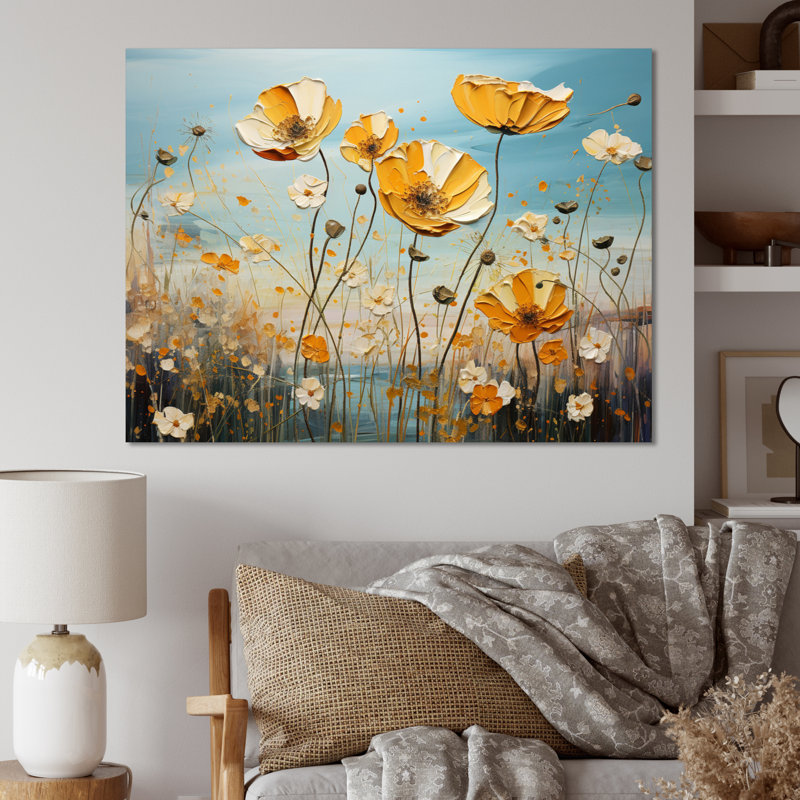 Captures de lueur dorée marguerites jaunes et bleues de Marguritte - impression, H 16 po x l 32 po x P 1 po, Toile tendue