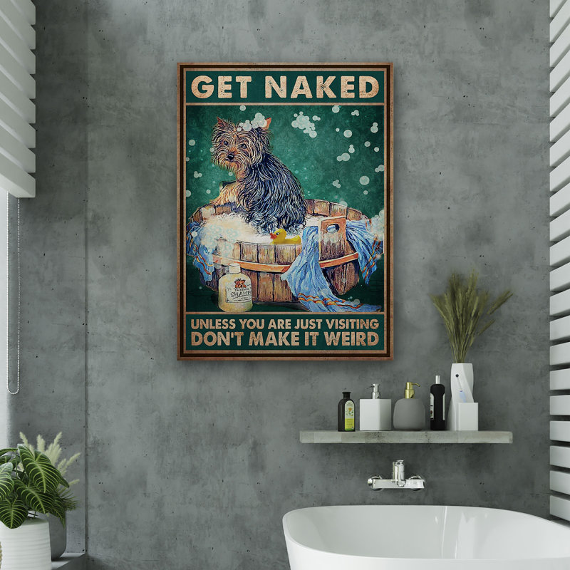 «Wet Yorkshire Terrier In Bath - Get N nu Gallery», toile décorative pour salle de bain «Bath and Laundry», décor de salle de bain brun et noir