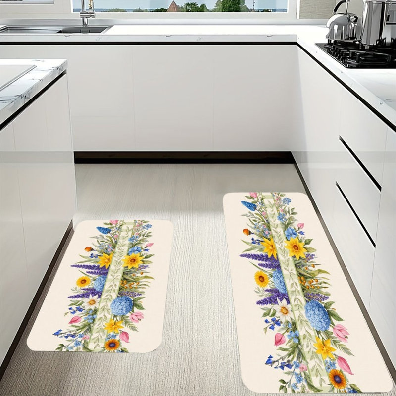 Ensemble de 2 tapis de cuisine jaunes mélangés à fleurs printanières