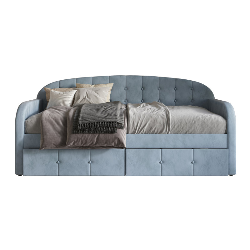 Caitronia Upholstered Daybed With Storage Drawers, Light Blue
