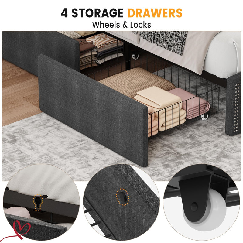 Full/Queen Bed Frame with 4 Storage Drawers and Wing Back Headboard No Spring Box Charging Station, Gray/Queen