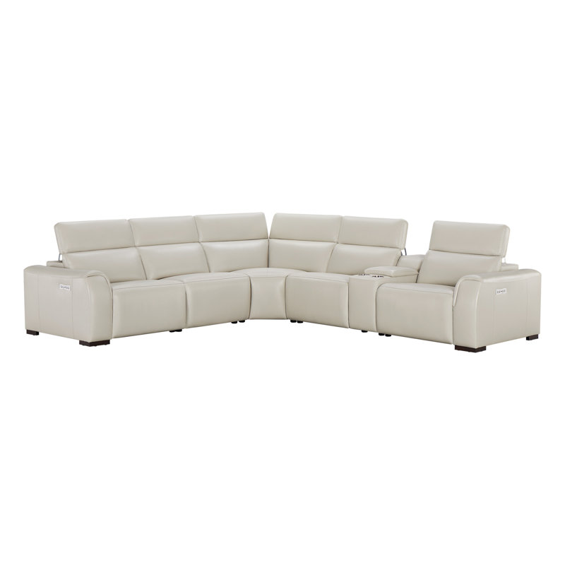 Thea 6-Piece Genuine Leather Power Reclining Sectional with Console , Ivory