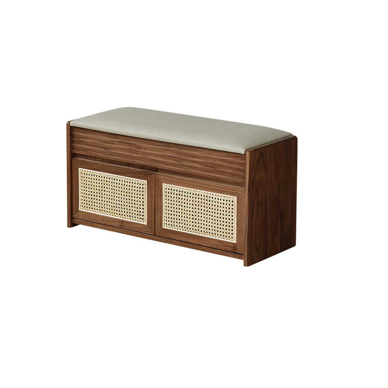Mid - Century Modern Solid Wood Shoe Storage Bench with Rattan Inserts