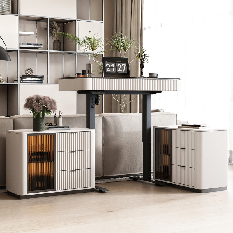 Height Adjustable Rectangle Standing Desk with Cabinet, Teal/Beige/Black , 29.5"" H x 47"" W x 23"" D