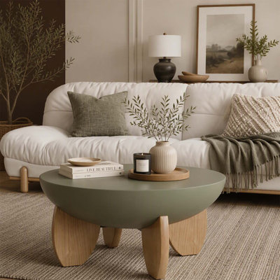 Table basse ronde moderne en forme de bol, pieds en bois massif, plateau lisse peint, montage facile pour les petits espaces, style milieu du siècle