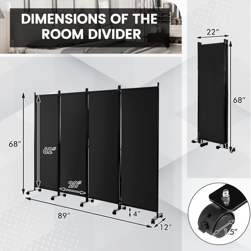 Black 4-Panel Folding Room Divider with Lockable Wheels