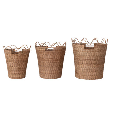 3-Piece Hand-Woven Rattan Scalloped Baskets with Handles