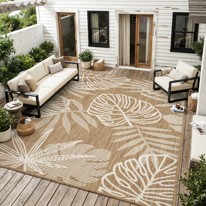 Tropical Leaf UV Resistant Woven Indoor Outdoor Rug Brown/Beige/Ivory, Rectangle 8' x 10', Brown/Beige/Ivory
