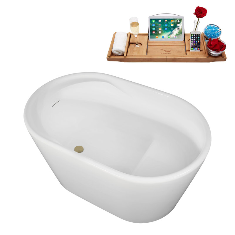 47" Streamline Soaking Freestanding Tub and Tray With Internal Drain, Brushed Brass