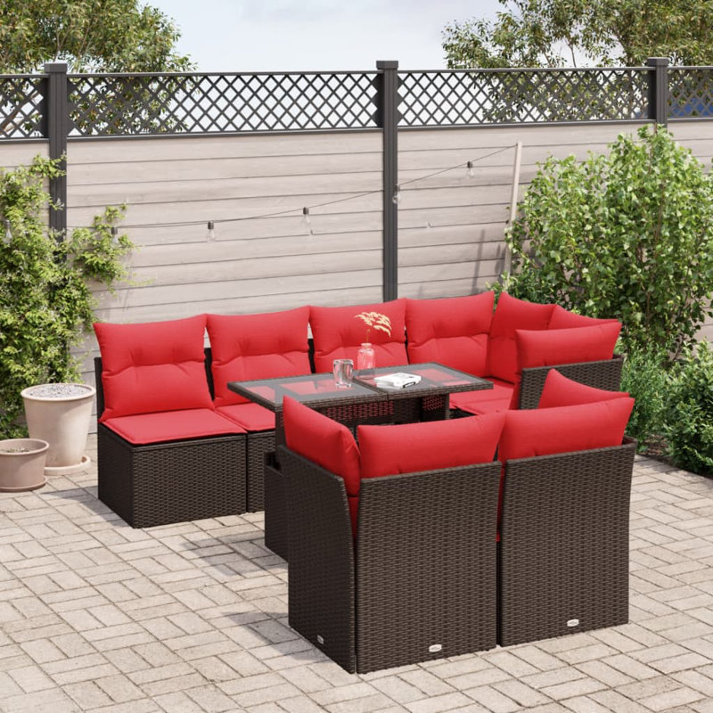  Ensemble de canapé de patio 8 pièces avec coussins en rotin de polyester gris, Rouge, Brun