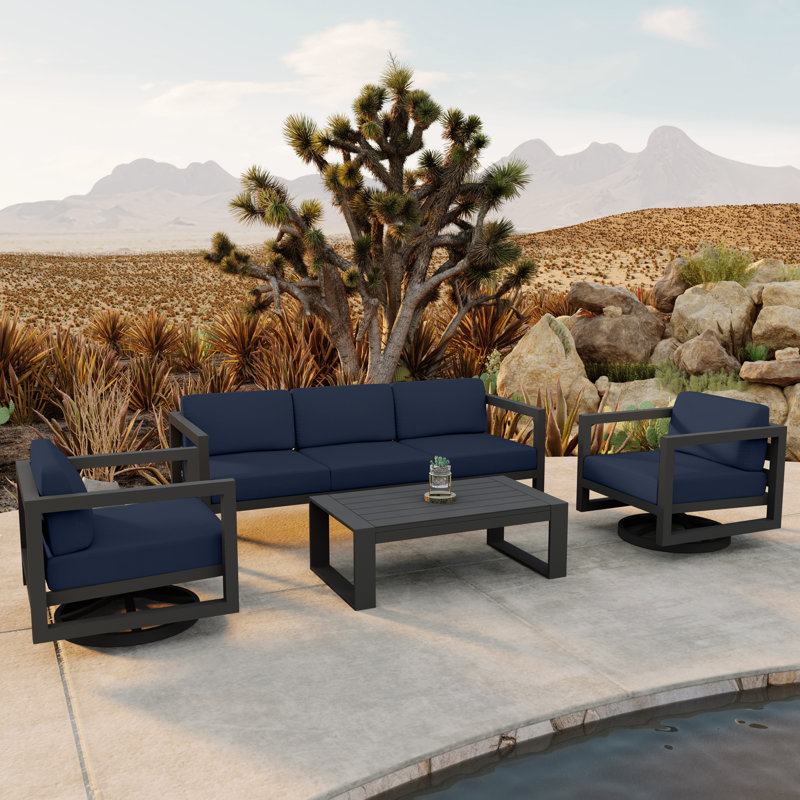 Rugiatu 4 Piece Sofa Set With Swivel, Slate, Spectrum Indigo Sunbrella®