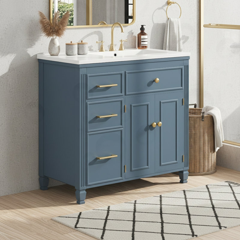 Meuble-lavabo de salle de bain avec lavabo en céramique, un tiroir basculant et une tablette réglable, Bleu gris