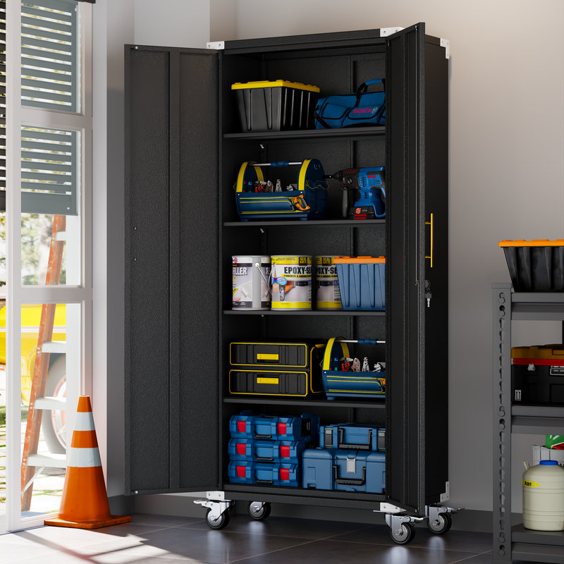 Steel Tall 71" Garage Storage Cabinet with Locking Doors ,Rolling Wheels and Adjustable Shelves, 70.87"H, Black