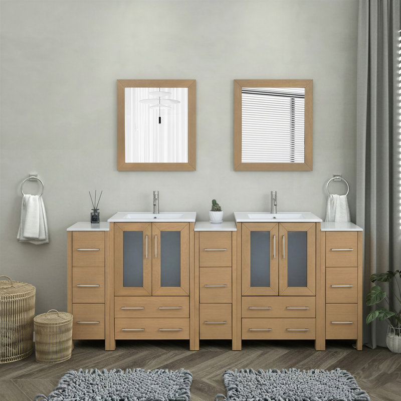  Framed 84" Double Bathroom Vanity Set, Natural Oak