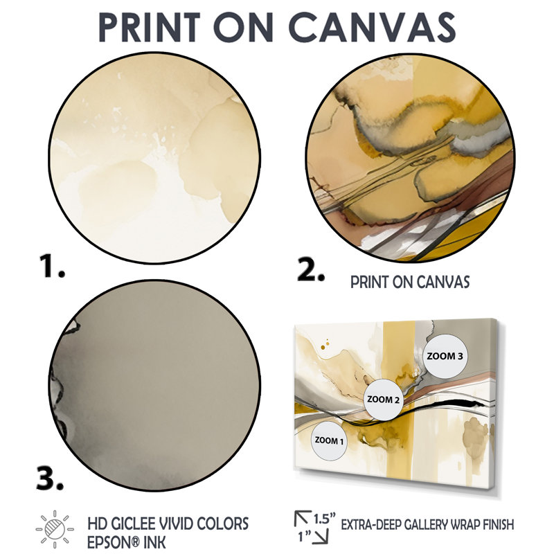 «Touched By Mustard» jaune et ultime gris IV - art mural abstrait à encre liquide 4 pièces, Doré