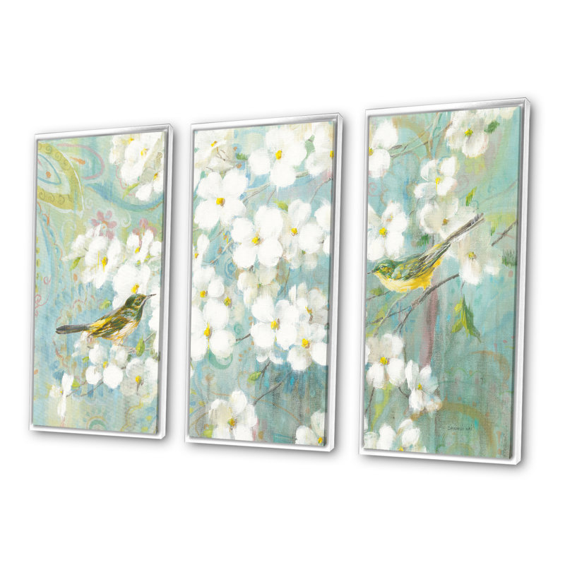 Oiseaux sur fleur - ensemble d'art mural sur toile traditionnel encadré de 3, H 28 po x l 36 po x P 1 po, Blanc