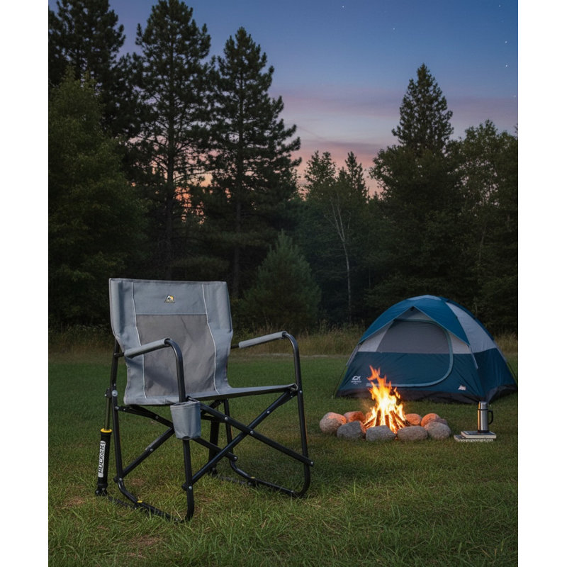 Outdoor Freestyle Rocker Camping Chair, Portable Folding Rocking Chair With Sturdy Armrests, Drink Holder & Comfortable Backrest, Grey