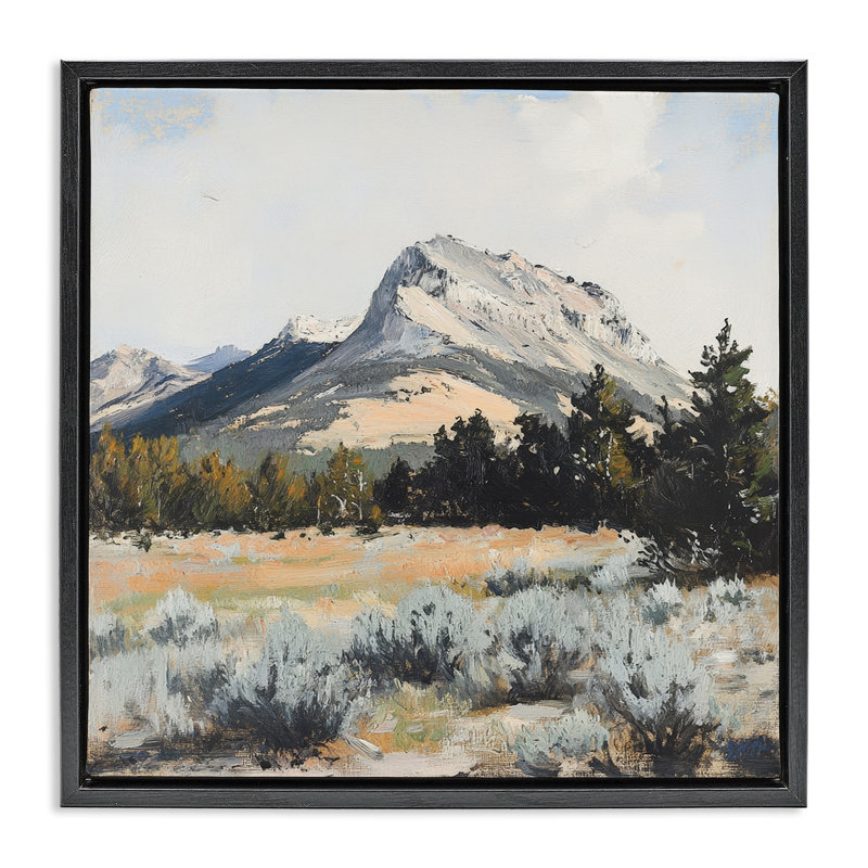 Cadre flottant paysage désertique et forêt, design par Petal Prints Design, Cadre flottant noir de jais, H 18 po x l 18 po