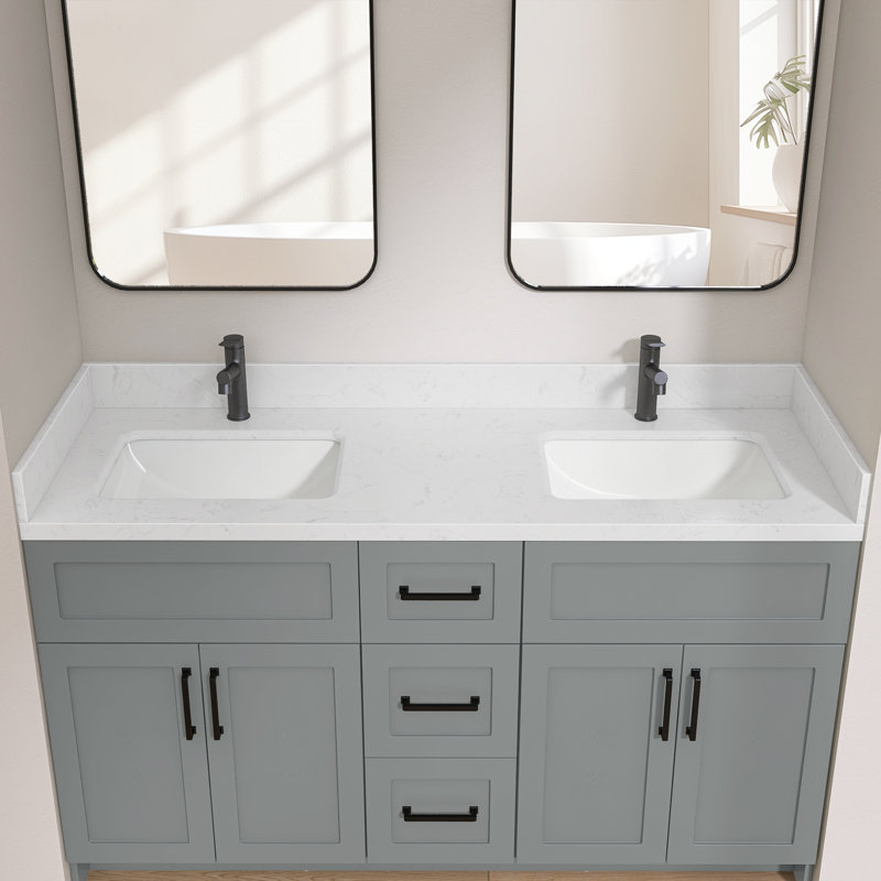 60 po Dosseret de meuble-lavabo en pierre d'ingénierie 4 po Éclaboussure de meuble-lavabo blanc Carrara