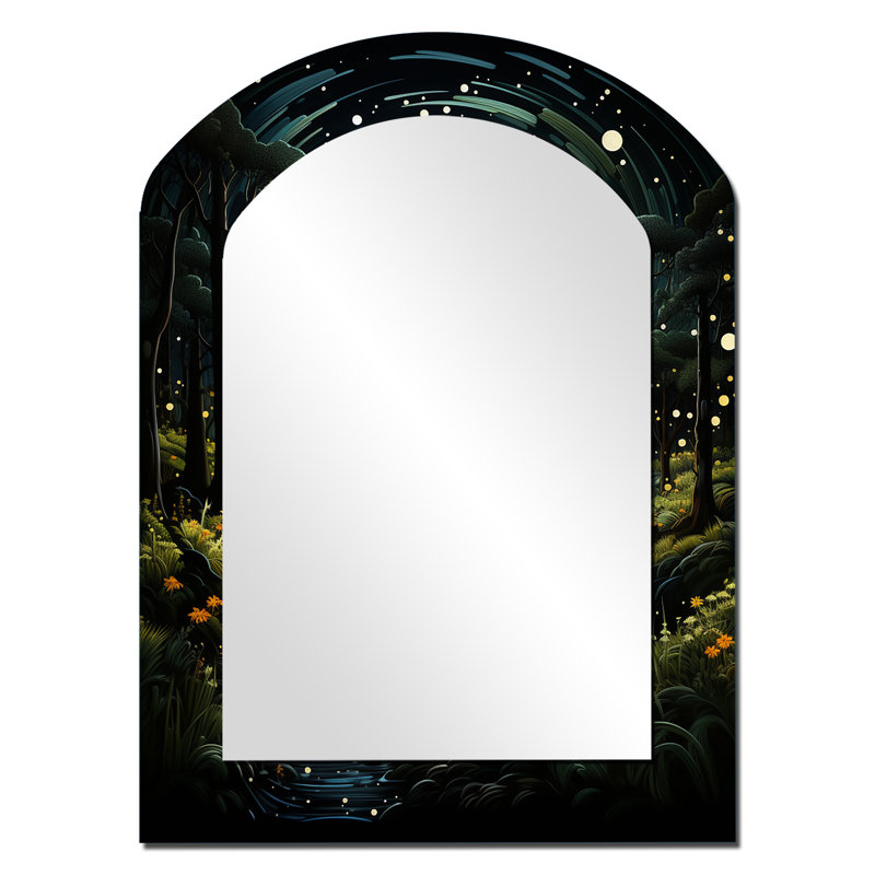 «Forest Enchanted Forest Pointillism III», miroir décoratif à arche de forêt, miroir mural asymétrique vert, 34 po x 25 po