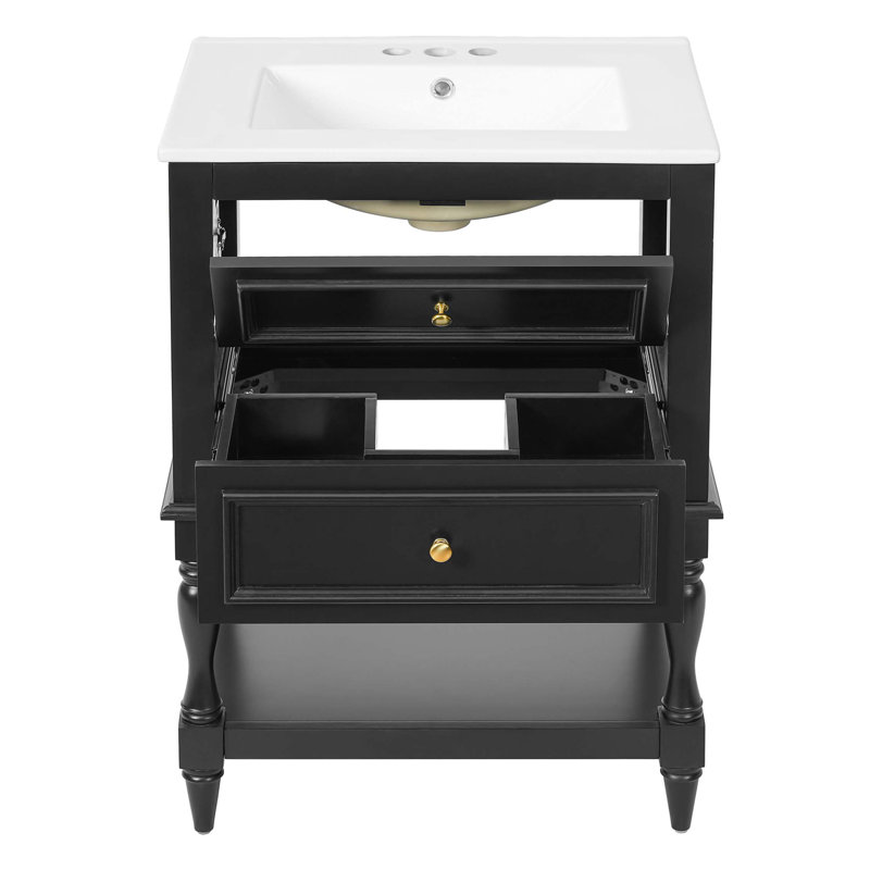 Meuble-lavabo de salle de bain 24 po avec lavabo en céramique, Noir