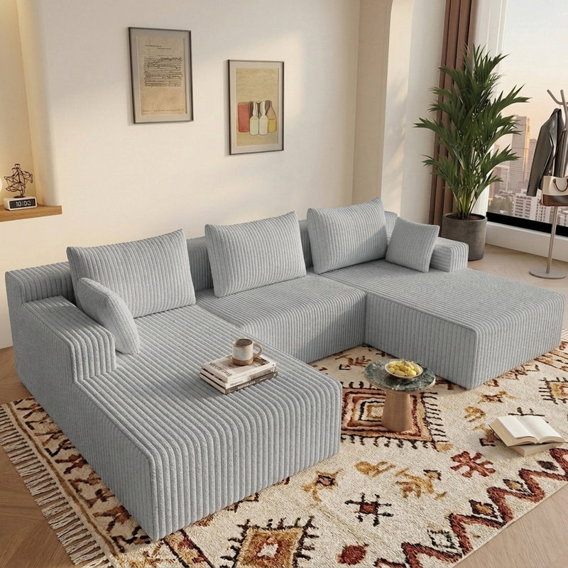 Canapé modulaire en U de 107 po en velours côtelé 107 po, canapé moderne modulaire à 4 places sans os avec 6 coussins, canapé rembourré à siège profond pour le salon, sans assemblage requis