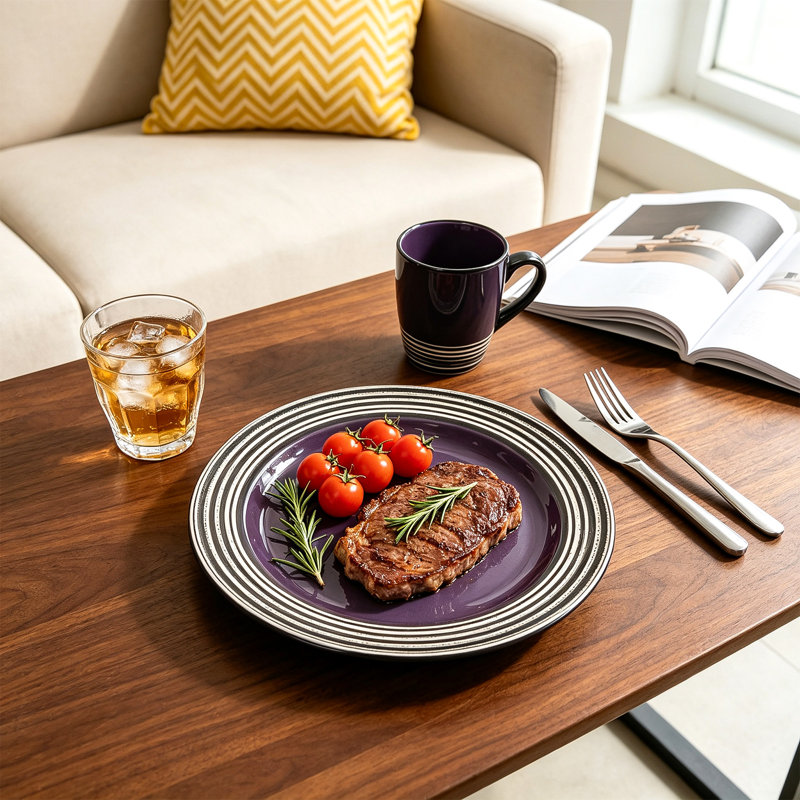 HomeVSS 16-Piece Tree Bark Stoneware Dinnerware Set, Service for 4, Lavender