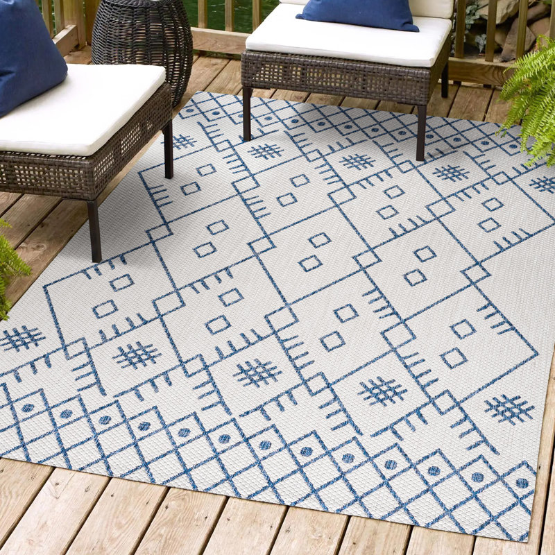 Boho Moroccan Ivory/Navy Indoor/Outdoor Rug, Rectangle 5'3" x 7'7"