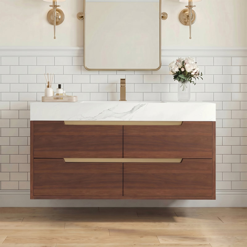 35.4" Modern Bathroom Vanity with Sink & Sintered Stone Top, Waterproof Multi-layer Wood, Drawers Storage, Freestanding & Wall Mount