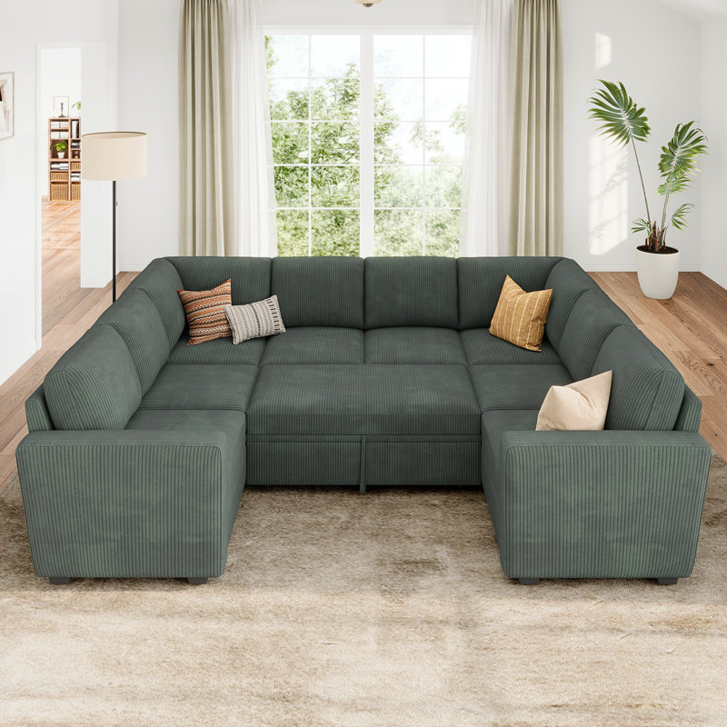 Anureet Latitude Run® U Shaped Modular Sofa Bed Convertible Sleeper Sectional, Green Couduroy