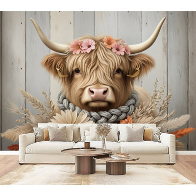 Peel and Stick Wallpaper Floral Highland Cow Soft Cream Fur Flowery Garland Wall Murals 69"H x 96"W Removable PVC Wall Paper Self-Adhesive Wall Decor for Bedroom Living Room Home Office
