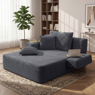 60" Plush Corduroy Chaise Lounge With 3 Pillows, Convertible Sofa Bed With Storage Pocket, Frameless