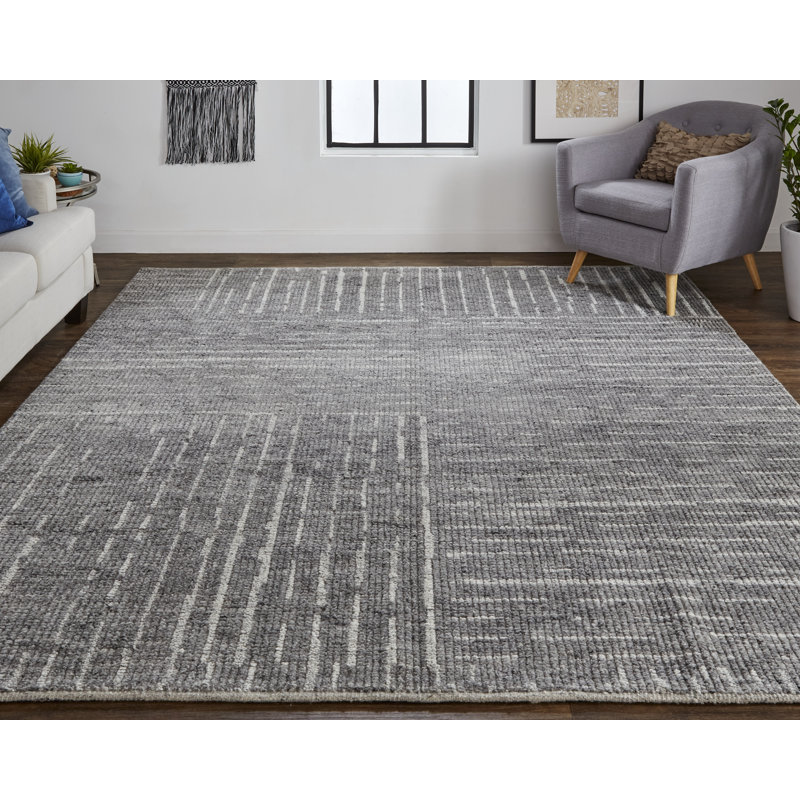 Tapis gris / ivoire en coton / laine noué à la main Chafic, Rectangle 7 pi 9 po x 9 pi 9 po