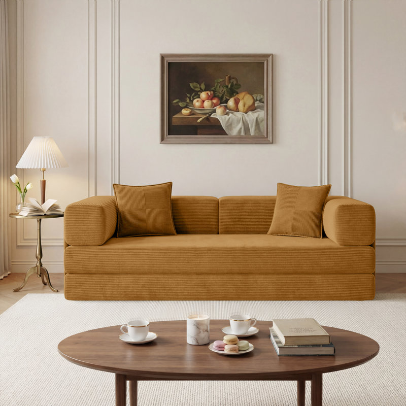 78.8'' Corduroy Convertible Sofa Bed Upholstered Sleeper Sofa with Armrest and Pillow, Yellow