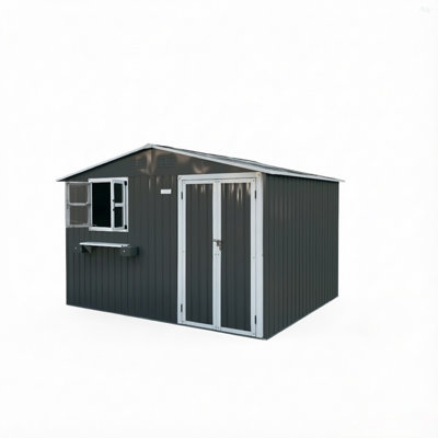 10X8 FT Outdoor Metal Storage Shed With Window & Flower Rack, Lockable Double Doors Tool Shed, Waterproof Weatherproof Garden Shed For Backyard Patio,Coal Gray